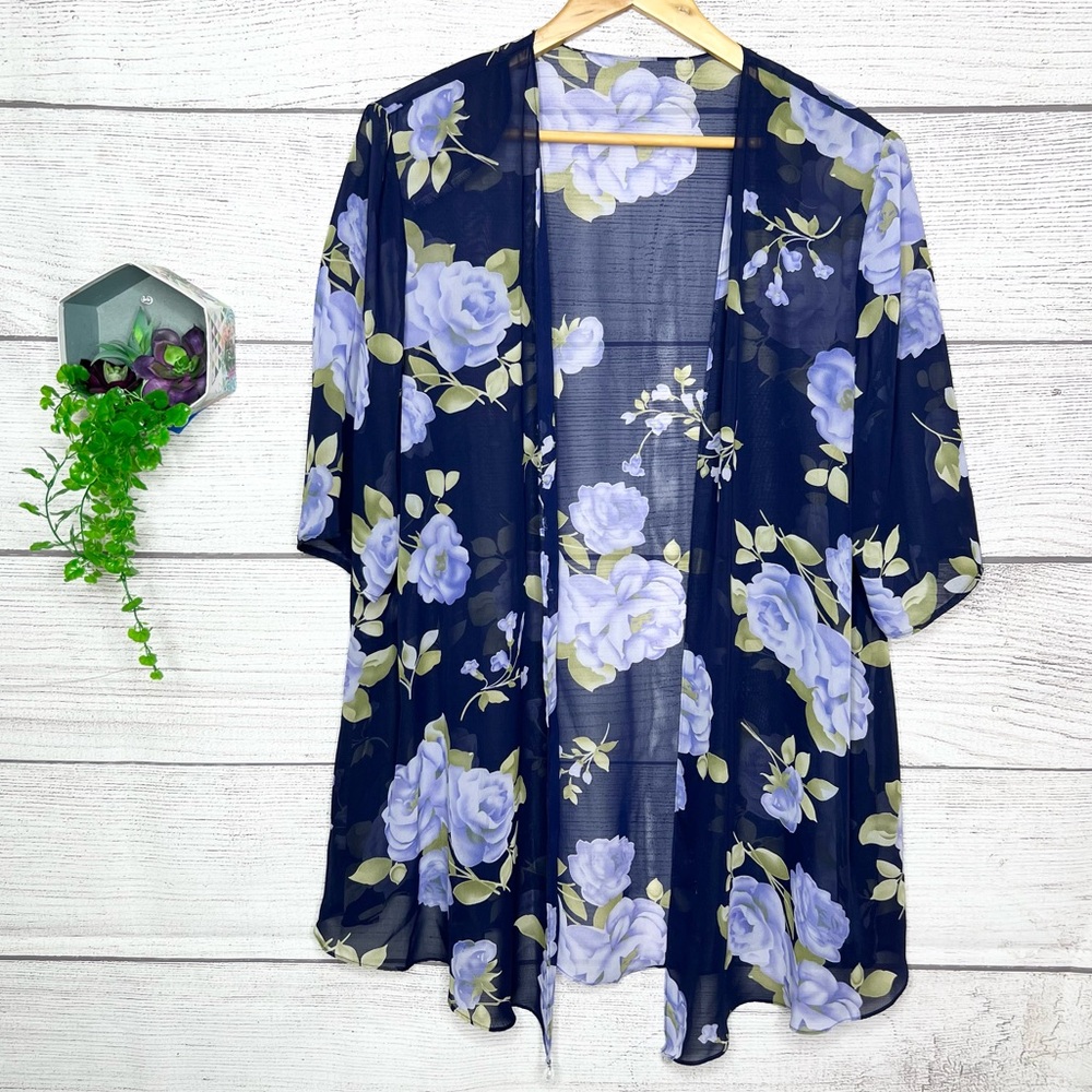 Vintage Navy Blue & Green Floral Sheer Kimono Cardigan Blouse Top One Size